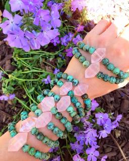Natural Pink Quartz Double Point 8mm African Turquoises Round Beads Elastic Stretch Bracelet Women Handmade Jewelry