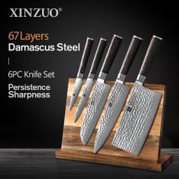 XINZUO 6 PCS Utility Chef Knives Sets - 67 Layers Damascus Stainless Steel - Excellent Acacia Wood Knife Block Kitchen Knife Set