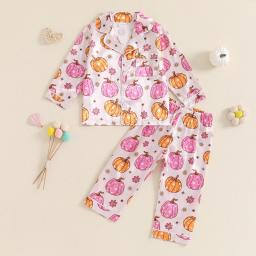 Cute Pumpkin Print Children Girls Sleepwear Suit Halloween Satin Silk Toddler Pajama Sets Long Sleeve Tops Pants Kids Loungewear