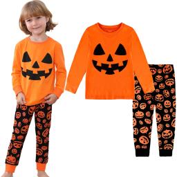 Pumpkin Costume Kids Halloween Pajamas Toddler Long Sleeve Cushaw Face Clothes Sets Girl Cute Orange Carnival Theme Party Outfit