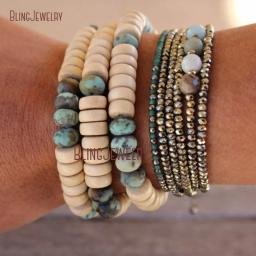 African Turquoise Wood Stretch Bead Natural Stone Pyrite Rondelle Bracelet Stack Women Bohemian Jewelry Boho Hippie Accessary