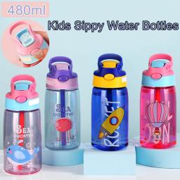 Kids Sippy Water Bottles Creative Cartoon Feeding with Straws and Lids Spill Proof Portable Toddlers Drinkware Children 480Ml