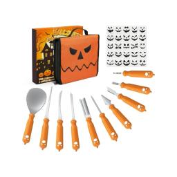 Halloween Pumpkin Carving Kit, 10 pieces, with unique storage bag and 25 pumpkin carving templates, stainless steel