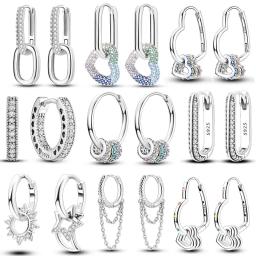 925 Silver Hoop Earrings  For Woman Pendientes Zircon Heart Shape Star Eardrop Original Earring Fashion Jewelry