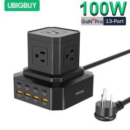 Ubigbuy Power Strip Tower, GaN Charger, Surge Protector with 5 AC Outlets and 8 USB Ports(PD 100W QC30W), Fast Charging Station