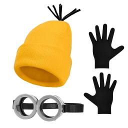 3 Pcs Halloween Costume Accessories Adult Goggles Glasses Yellow Beanie Gloves for Men Women Cosplay Party Set