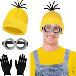 Anime Despicable Me Minions Cosplay Costume Yellow Beanie Steampunk Goggles Stretchy Gloves Halloween Party Costumes for Adult