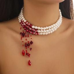 Vintage Multilayer Red Blood Pattern Imitation Pearl Tassel Long Pendant Necklace For Women Goth Crystal Bead Chain Jewelr