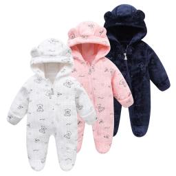 2024 Autumn Winter Newborn Baby Romper Cartoon Bear Flannel Hooded Children Girl Overalls 0-1 Years Infant Boy Jumpsuit Outfits