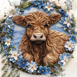 Charming Highland Cow and Blue Flowers Aluminum Sign, UV and Scratch Resistant, Outdoor and Indoor Decor, Decorative Wall Poster