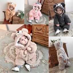 Newborn Baby Cartoon Rompers Autumn Winter Infant Girls Flannel Overall Boys Jumpsuit Cute Bear Kids Hooded Clothes  XMP181