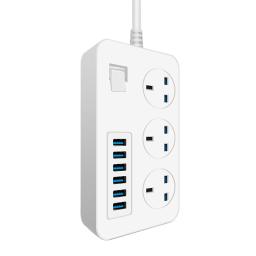 Power Strip with 3 Outlets 6 USB 5V 3A Ports 3000W 16A 6.5 Feet Extension Cord Surge Protector,White-EU Plug
