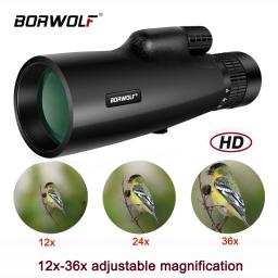 Borwolf 12-36X50  Telescope BAK4 Prism Optical Lens High Power Hunting Birdwatching Monocular Light Night Vision Binoculars