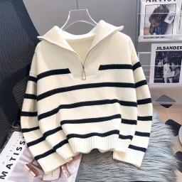 Casual Stripe Knitted Sweater Spring Autumn Fashion Vintage Half Zipper Pullover Women's Short Tops Loose Chic Sweaters