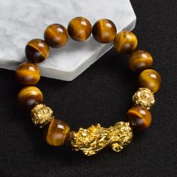Pi Xiu Tiger Eye Stone Beads Bracelet Feng Shui Yellow Power Stone Women Men Elastic Jewelry Gold Color Pixiu Good Luck Bracelet