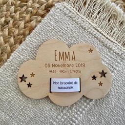 Personalized Wooden Birth Bracelet Holder, Maternity Bracelet Souvenir Card ,Shape Of A Cloud, Engraved Baby Birth Souvenir Gift