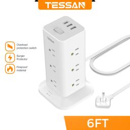 Power Strip Tower with Surge Protection TESSAN Flat Plug Extension Cord 6 Feet with 12 Multiple Outlets 3 USB Ports (1 Type C)