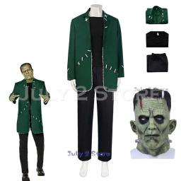 Dr. Frank Frankenstein Cosplay Monster Costume Mask Mad Scientist Green Suit Movie Halloween Party Scary Mens Roleplay Outfit