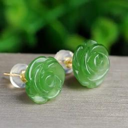 Natural Real Green Jade Rose Earrings 925 Sterling Silver Ear Studs Vintage Gemstone Jewelry TalismansEnergy Amulet Luxury Gift