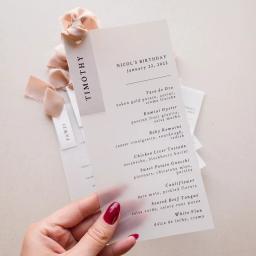 Personalized Vellum Paper Menu Cards with Chiffon Ribbon Optional Place Cards Name Tags Wedding Birthday Stationery