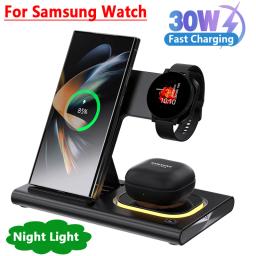 30W Wireless Charger Stand 3 in 1 Night Light For IPhone Samsung S20 S21 Galaxy Watch 8 7 6 5 Airpods Fast Charging Dock Station