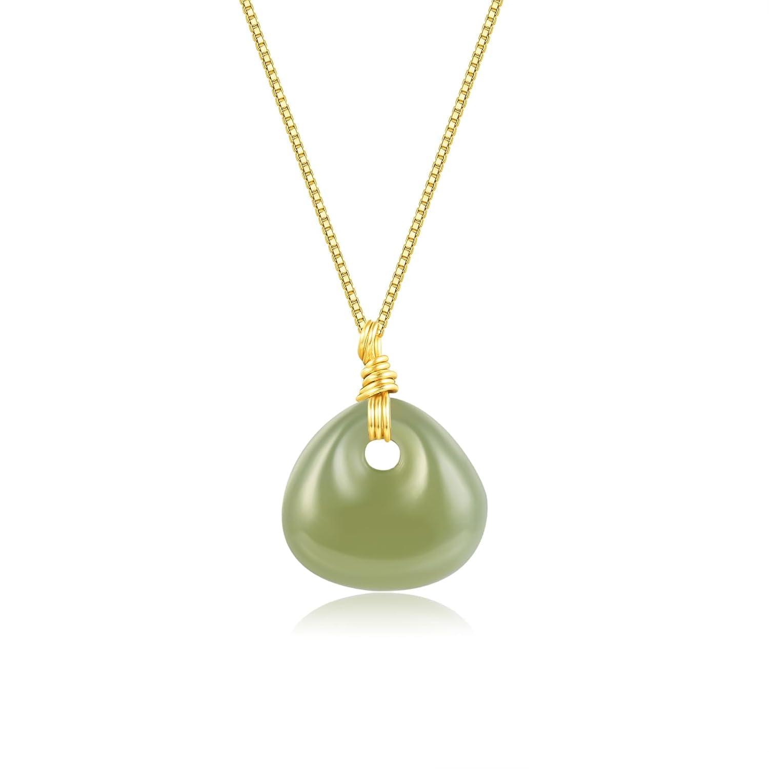 Natural Hetian Jade Necklace, Bag Shaped Jade Pendant Jewelry Chain for Women, Lucky Green Jade Handmade Jewelry Gifts for Mom Lover Girls Her (925 Sterling Silver with Gold Plated)