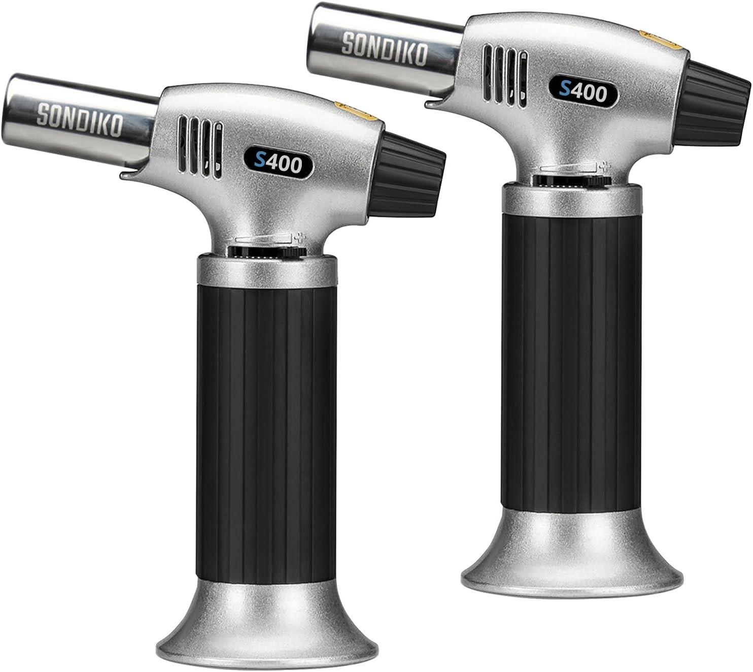 Sondiko Butane Torch Lighter S400 2 Pack, Refillable Kitchen Torch with Safety Lock and Adjustable Flame for Desserts, Creme Brulee, and Baking(Butane Gas Is Not Included)