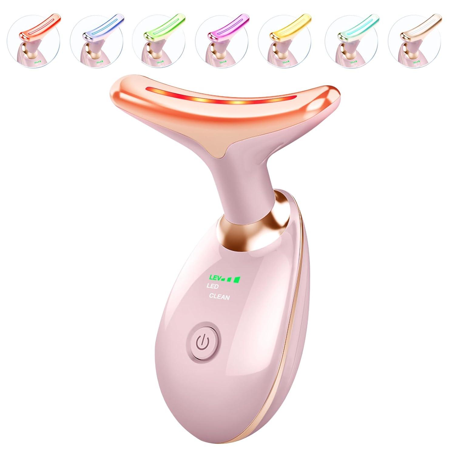7 Color Light Based Face-Neck-Massager - Facial Massager for Skin Care, Glossy Pink