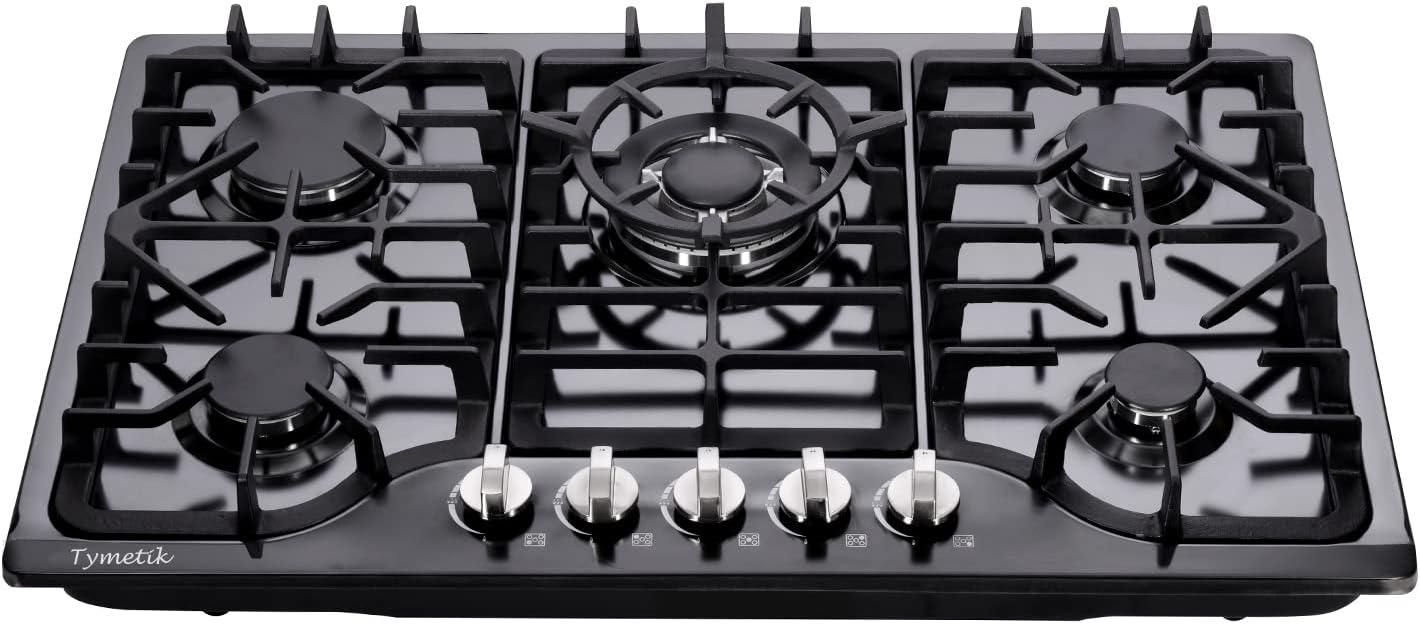 30 Inch Gas Cooktop, Built-in Stainless Steel Gas Stovetop 5 High Efficiency Burners Gas Stove LPG/NG Convertible Gas Hob (Black)
