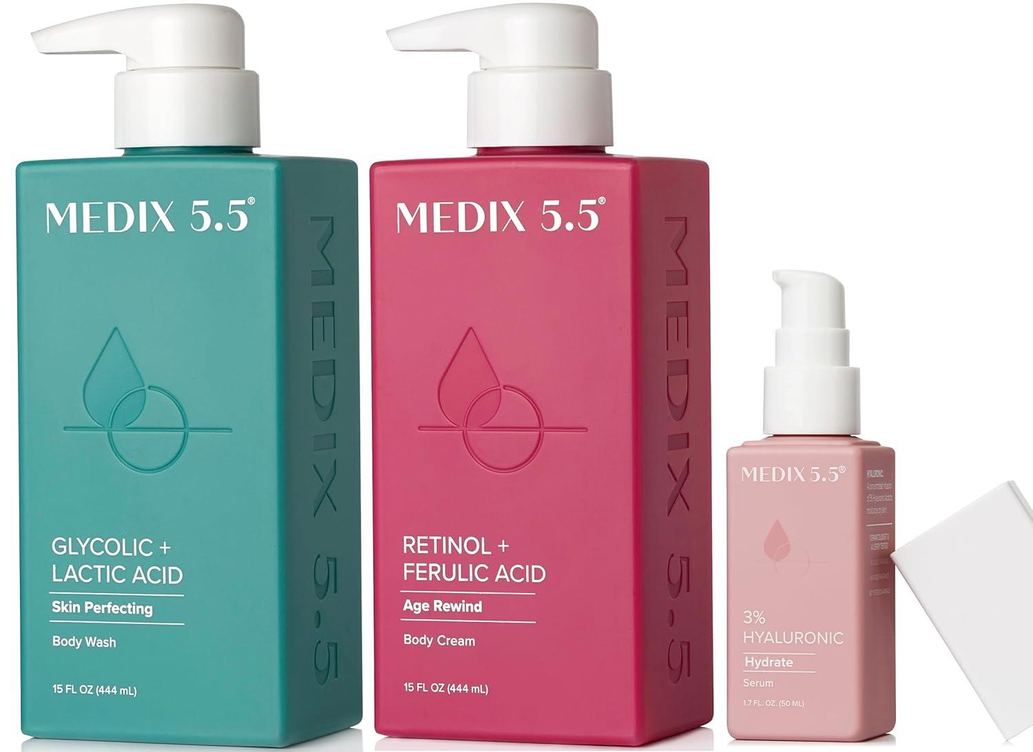 Medix 5.5 Anti Aging Skin Care 3PC Set | Retinol Body Cream + Exfoliating AHA Glycolic Acid Foaming Face Wash & Body Wash + Hyaluronic Acid Serum Booster, Wash + Treat + Hydrate Skincare Set, 3PC Set