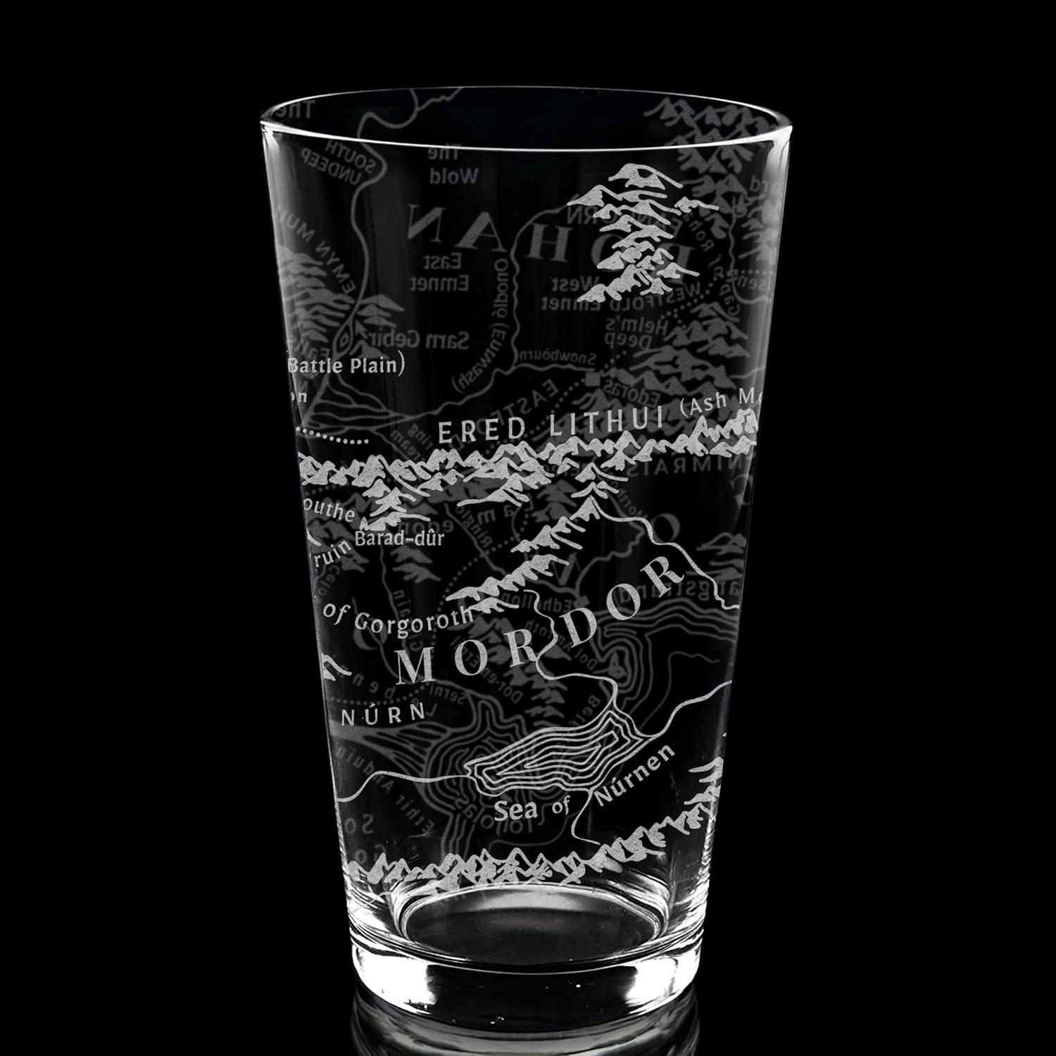 MAP OF MORDOR & GONDOR Engraved 16oz Pint Glass | Inspired by Tolkien LOTR and Middle Earth | Great Christmas Gift Idea | Unique Elvish Hobbit Wizard Fantasy Decor!