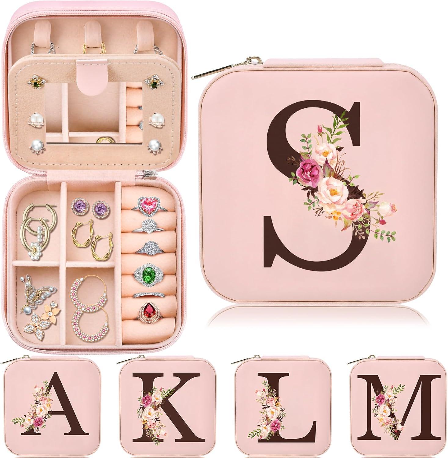 Bridal Shower Gifts for Women, Travel Jewelry Case Box Organizer Personalized Gifts for Wife Women Mom Daughter Friends Sister Aunt，Bridesmaid Proposal Unique Gifts, Initial S