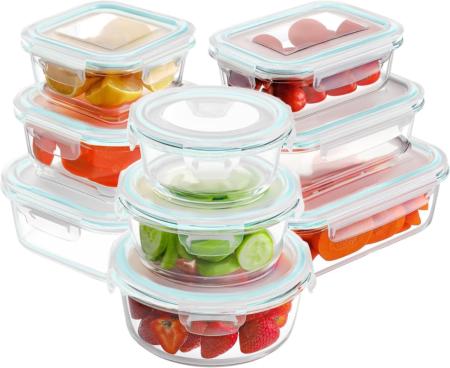 HOMBERKING Glass Food Storage Containers with Lids, [18 Piece] Glass Meal Prep Containers, Airtight Glass Lunch Bento Boxes, BPA-Free & Leak Proof (9 lids & 9 Containers) - Blue