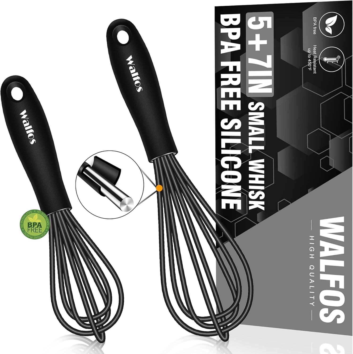 Walfos Whisk 5+7inch Mini Whisk,Silicone Whisk Non Scratch Heat Resistant (480°F). Nice for stirring individual eggs and mixing small amounts of powder and sauce.Bpa Free and Dishwasher Safe.Black