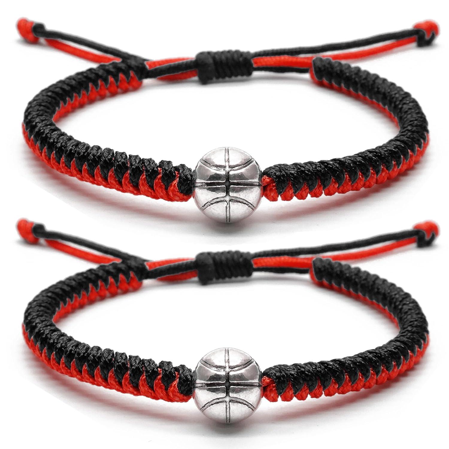 MANYC Basketball Bracelets Adjustable for Boys, Girls, and Adults Handmade Gifts for Basketball Players (Black red 2PCS)