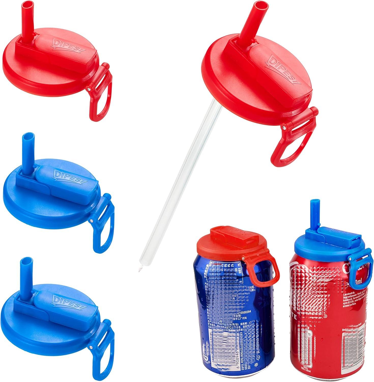 Straws Soda ​Can Covers Can Lids with 6 Silicone Straws 4pack (2Blue & 2Red)