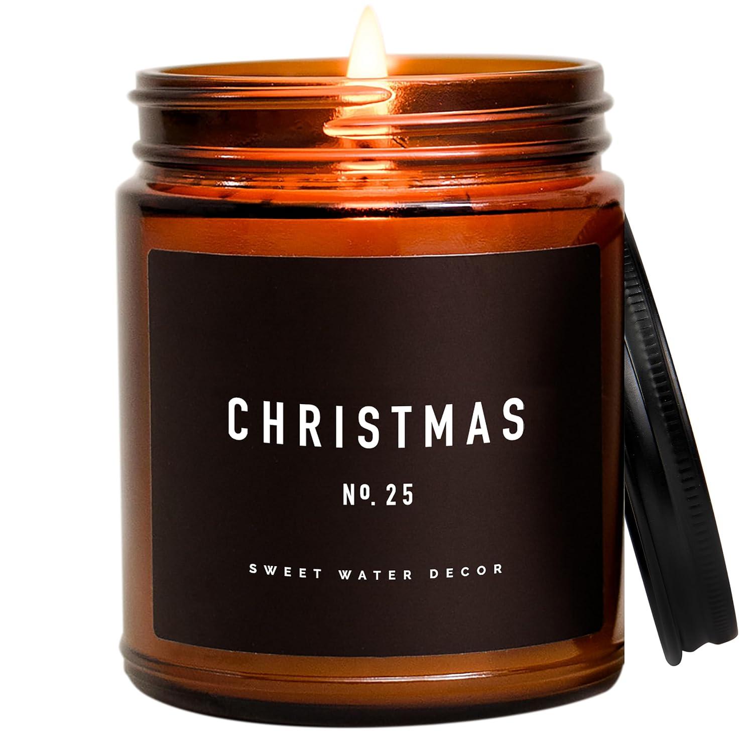 Sweet Water Decor Christmas Candle | Christmas Tree, Apple Cider, and Cinnamon, Winter Holiday Scented Soy Candles for Home | 9oz Amber Jar, 40 Hour Burn Time, Made in the USA